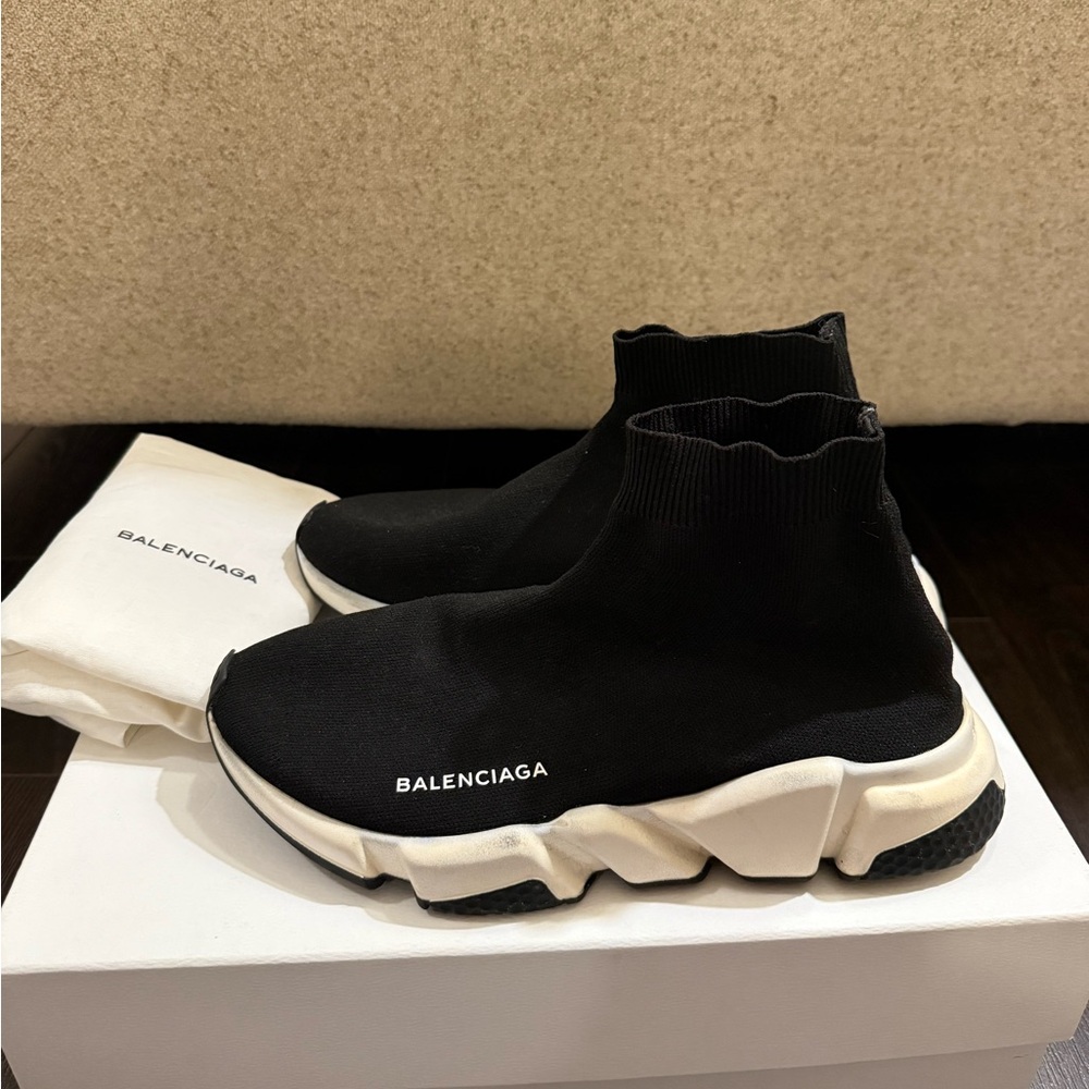 Balenciaga Black and White Speed Trainer Sneakers